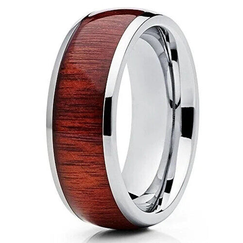 Men's 8mm Tungsten Dome Ring Wood Inlay Comfort-Fit Engagement Wedding Band